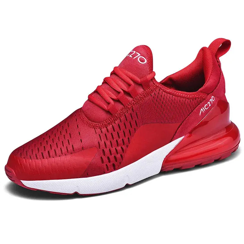 Red mesh athletic sneakers with white platform sole and heel pull tab, Simples Market