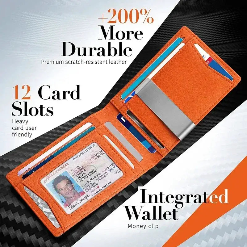 Wallet, orange leather with 12 card slots and a metal money clip