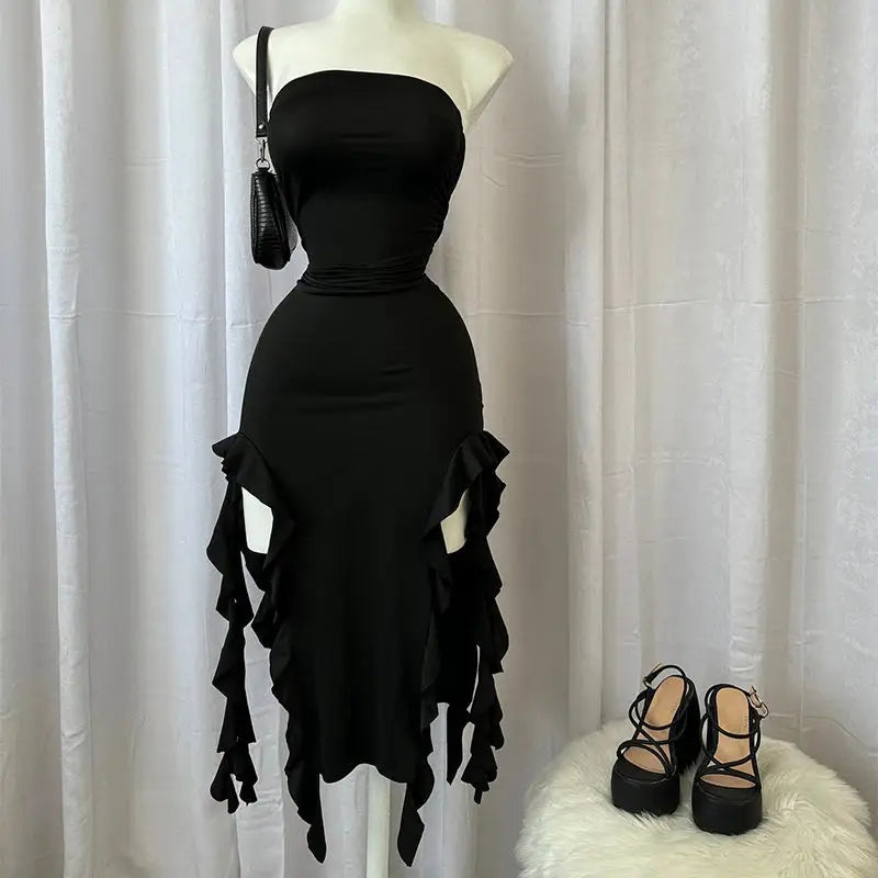 Women's Strapless Floral Mini Dress High Slit Folded Hem Backless