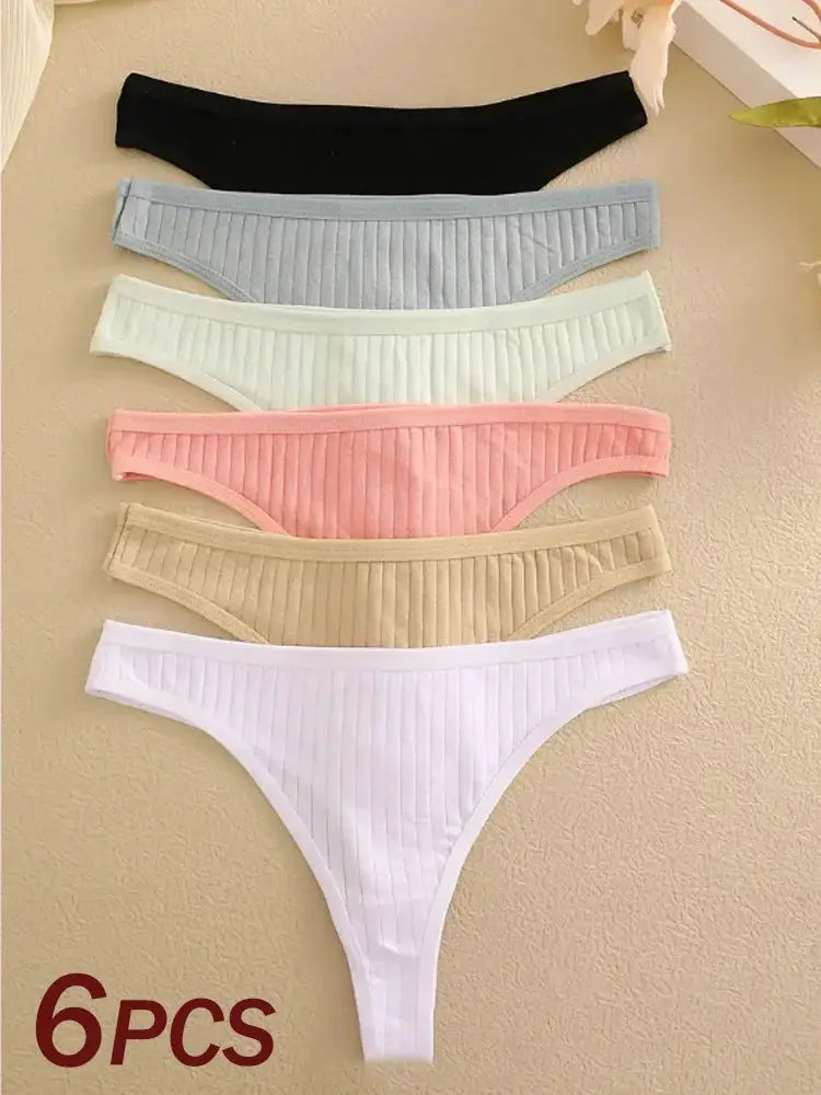 6-pack ribbed cotton thongs for women in black, blue-gray, white, pink, beige by Simples Market