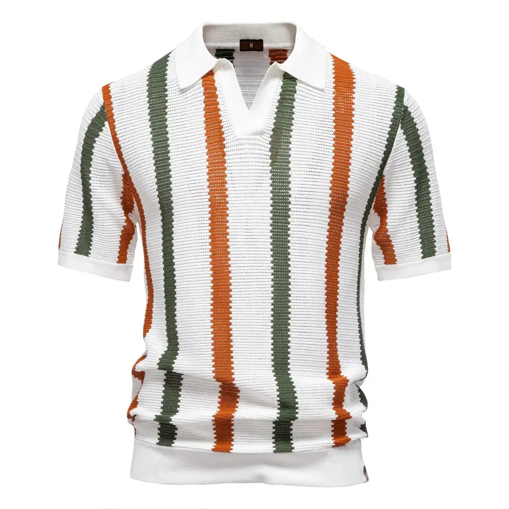 AIOPESON men's ribbed knit polo shirt; white with green and orange stripes, breathable collared polo by Simples Market.