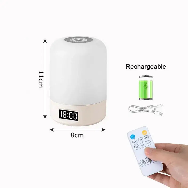 Led night light bedside lamp with dimmable charging base; white top, beige base, digital clock display, remote included