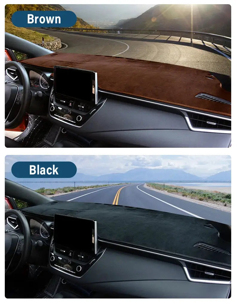 Dashboard sun shade cover for Toyota Corolla E210 Hybrid by Simples Market; brown/black two-color non-slip mats