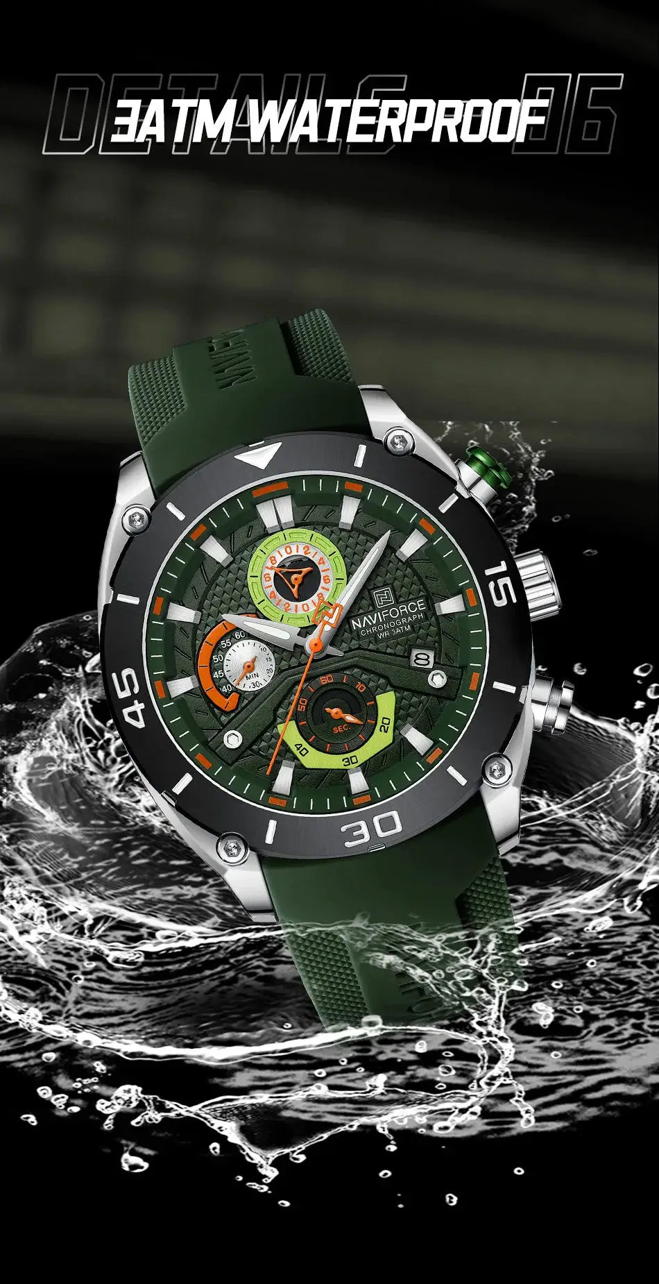 Naviforce sport watch for men with green dial and green strap, chronograph, luminous hands, waterproof