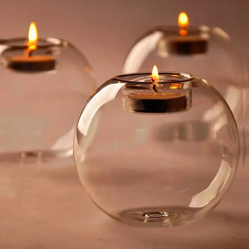 Round glass candle holder set of 3 with tealight candles, European style centerpiece