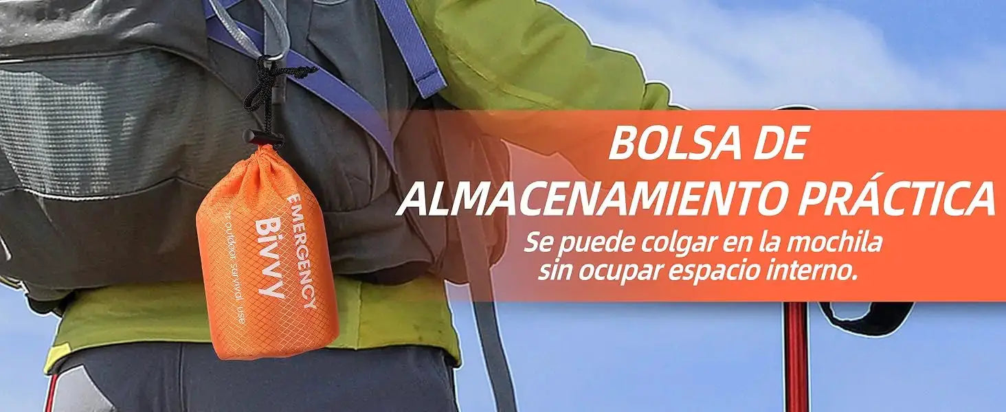 Emergency sleeping bag survival blanket Mylar bivy sack in orange attached to a backpack, Simples Market.