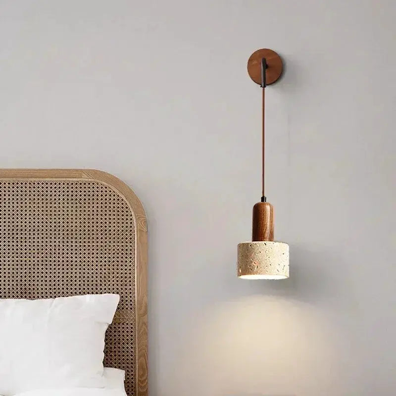 Wall lamp pendant with peach wood top and speckled natural stone shade, LED bedside sconce.