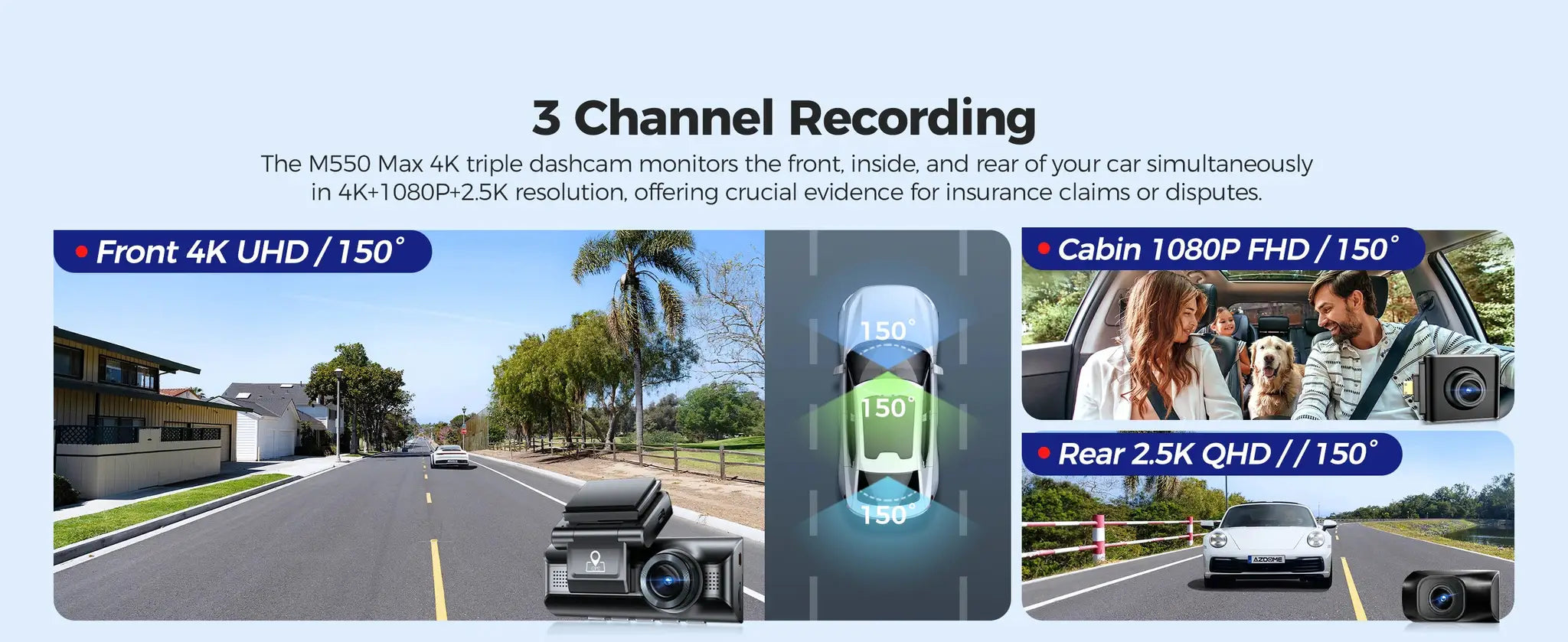 AZDOME M550 Max dash cam with 4K+1K+2.5K, GPS and WiFi, 150° FOV by Simples Market