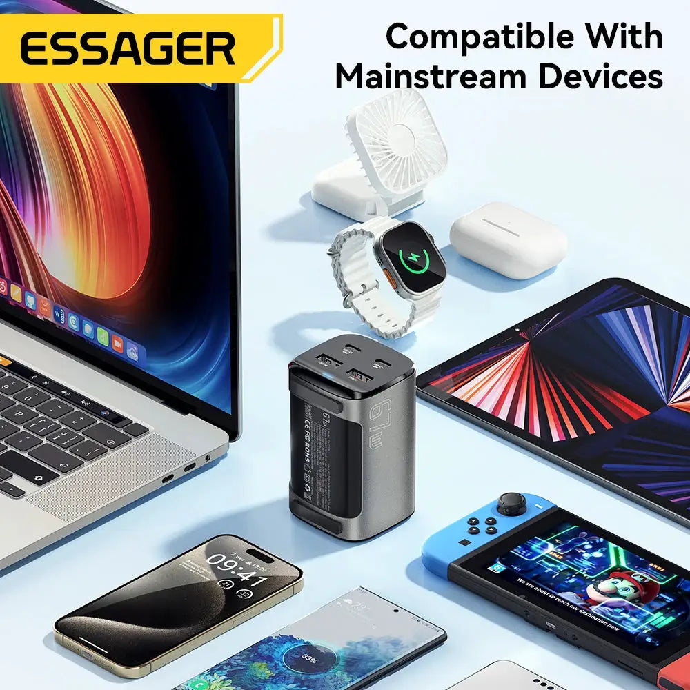 Gray Essager 67W USB-C GaN desktop charger with PD/QC ports, shown among laptop, tablet, smartwatch and phones.