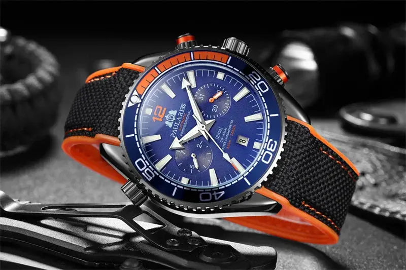 PAULAREIS P men's automatic watch with blue dial, orange bezel and black rubber strap