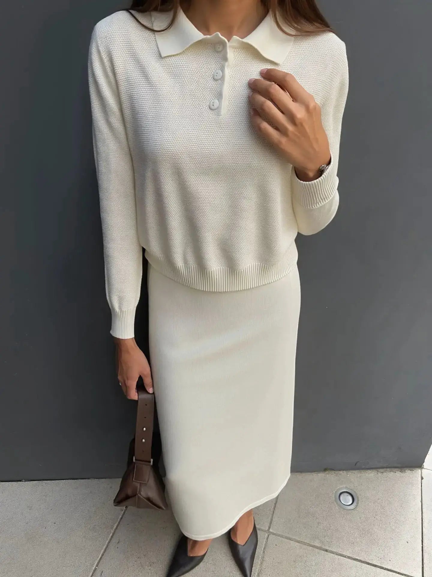 Hirsionsan Winter Women Knitted Set Polo Neck Sweater Wide Leg Pants