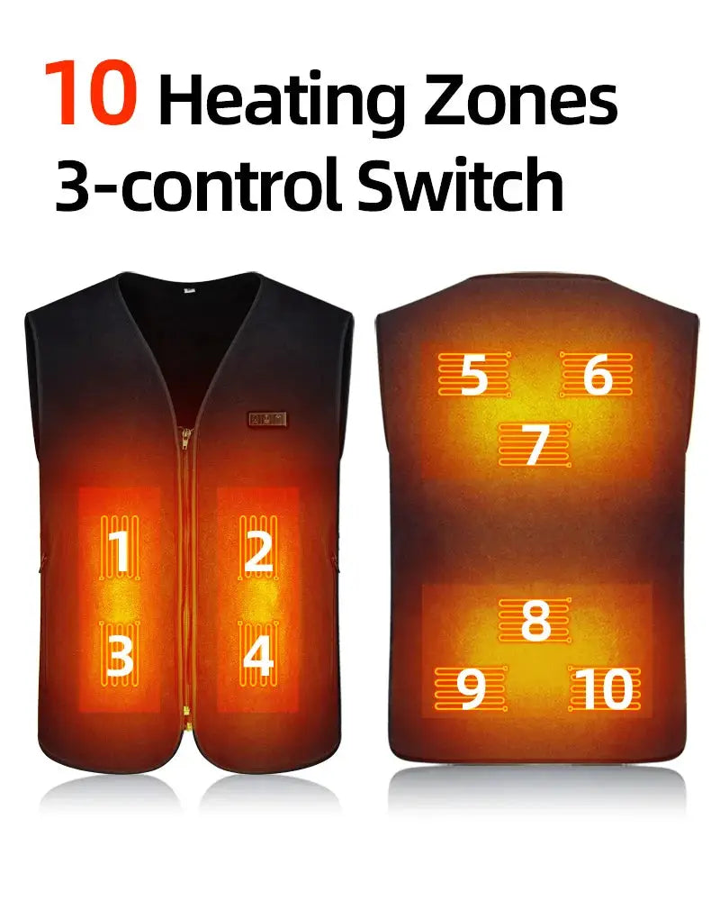 Smart fleece heated vest; USB rechargeable with 10 heating zones on front and back