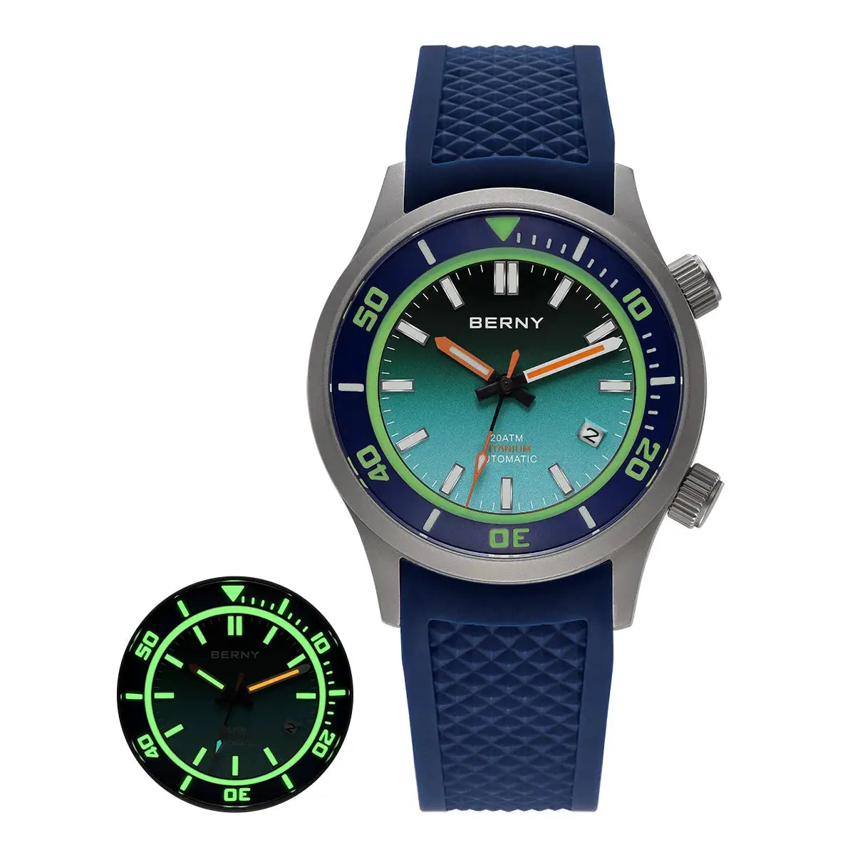 BERNY men's diver watch, blue bezel, teal gradient dial, luminous hands, 20ATM, blue rubber strap