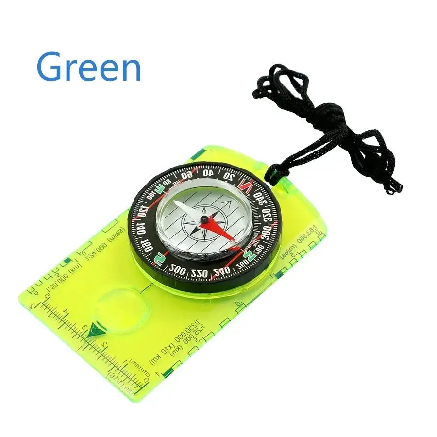 Compass by Simples Market; neon green waterproof case with circular dial and black lanyard for outdoor navigation