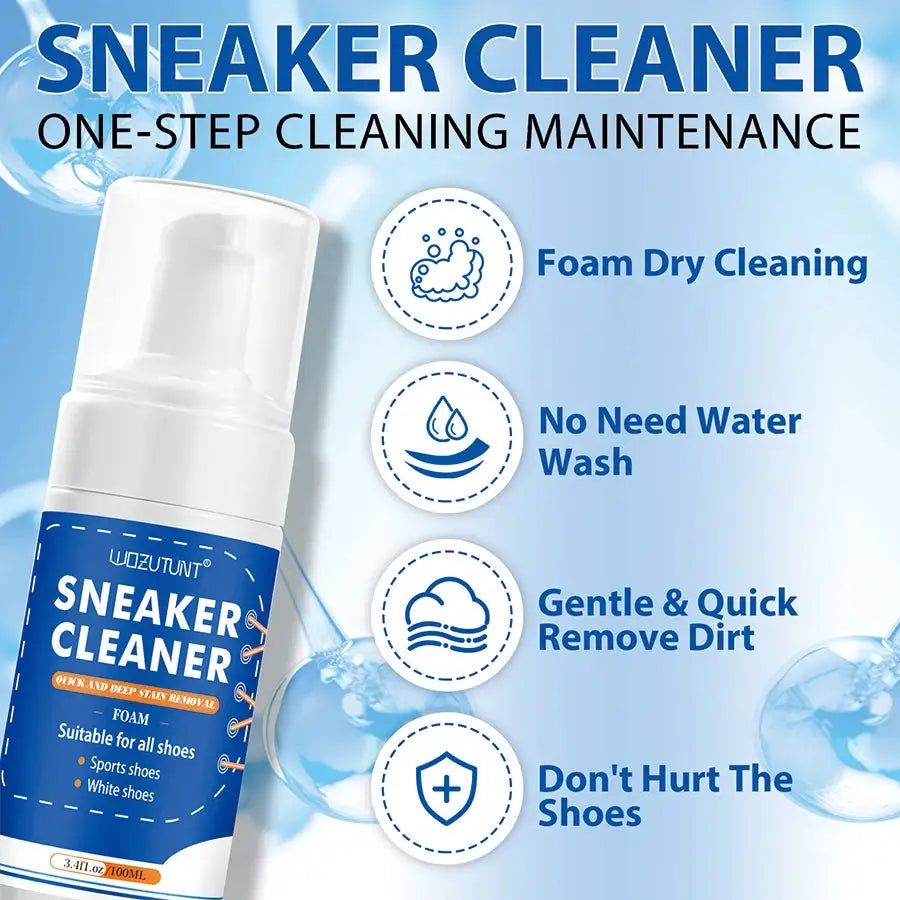 Sneaker Cleaner spray bottle, white with blue label; 100ml foam dry cleaning for suede and leather sneakers.