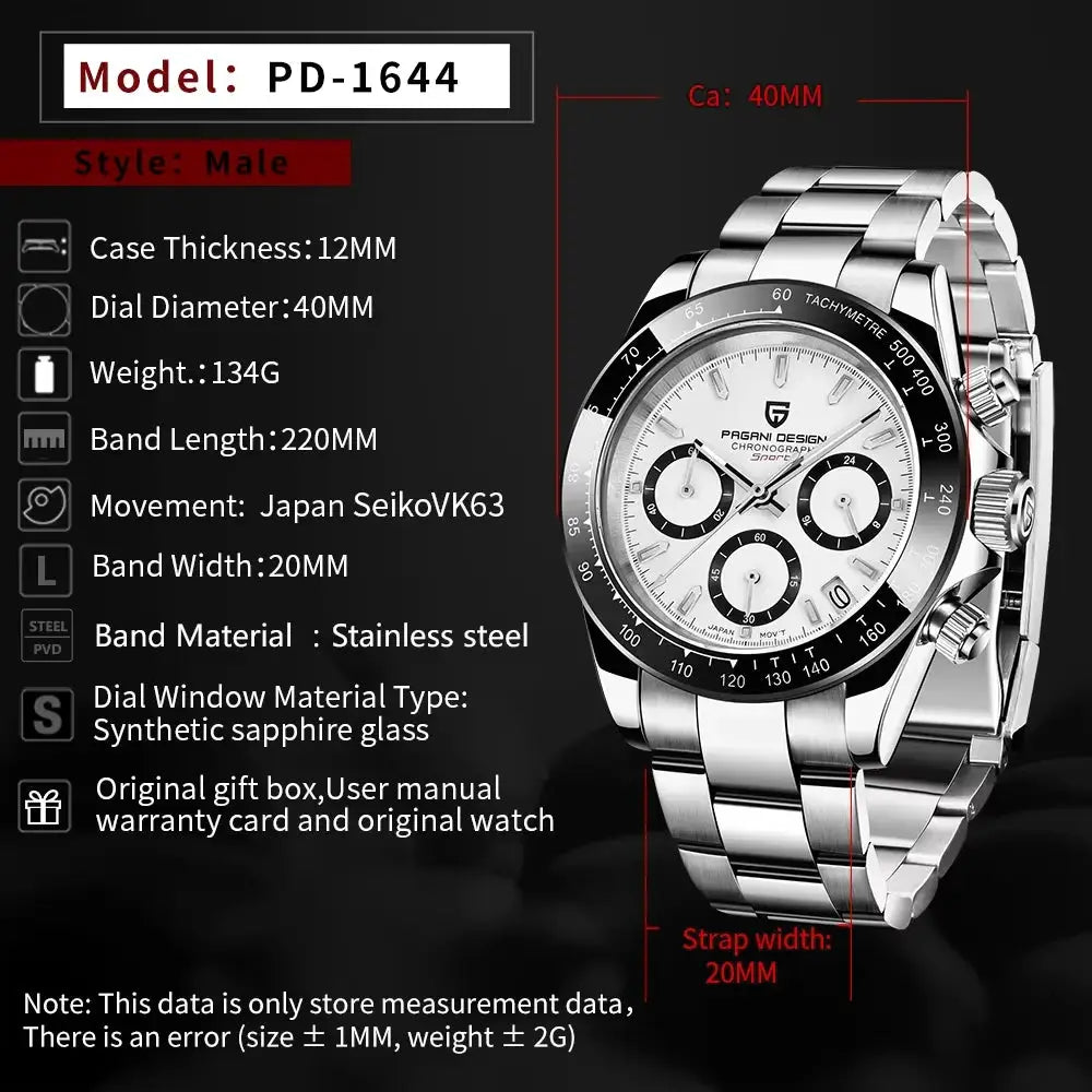 Pagani Design PD-1644 men's stainless steel chronograph watch with sapphire glass, 40mm dial, water resistant to 100m