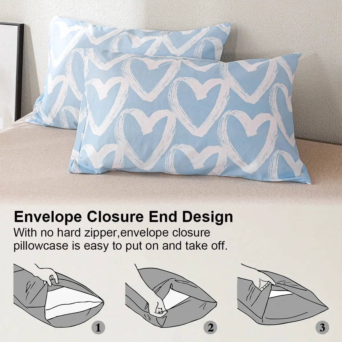 Simples Market 3-piece heart print duvet cover set in blue and gray with 1 duvet cover and 2 pillowcases