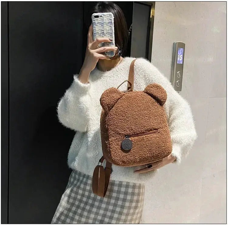 Bear-ear fleece mini backpack for kids, brown plush daypack with front zip pocket