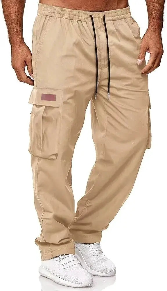 Men's beige cargo work pants with drawstring waist and multiple pockets by Simples Market