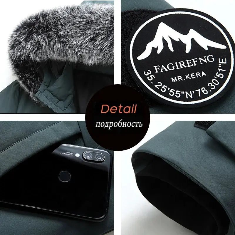 Men's windproof down jacket with fur-trim hood, teal color, multi-pocket design, Simples Market