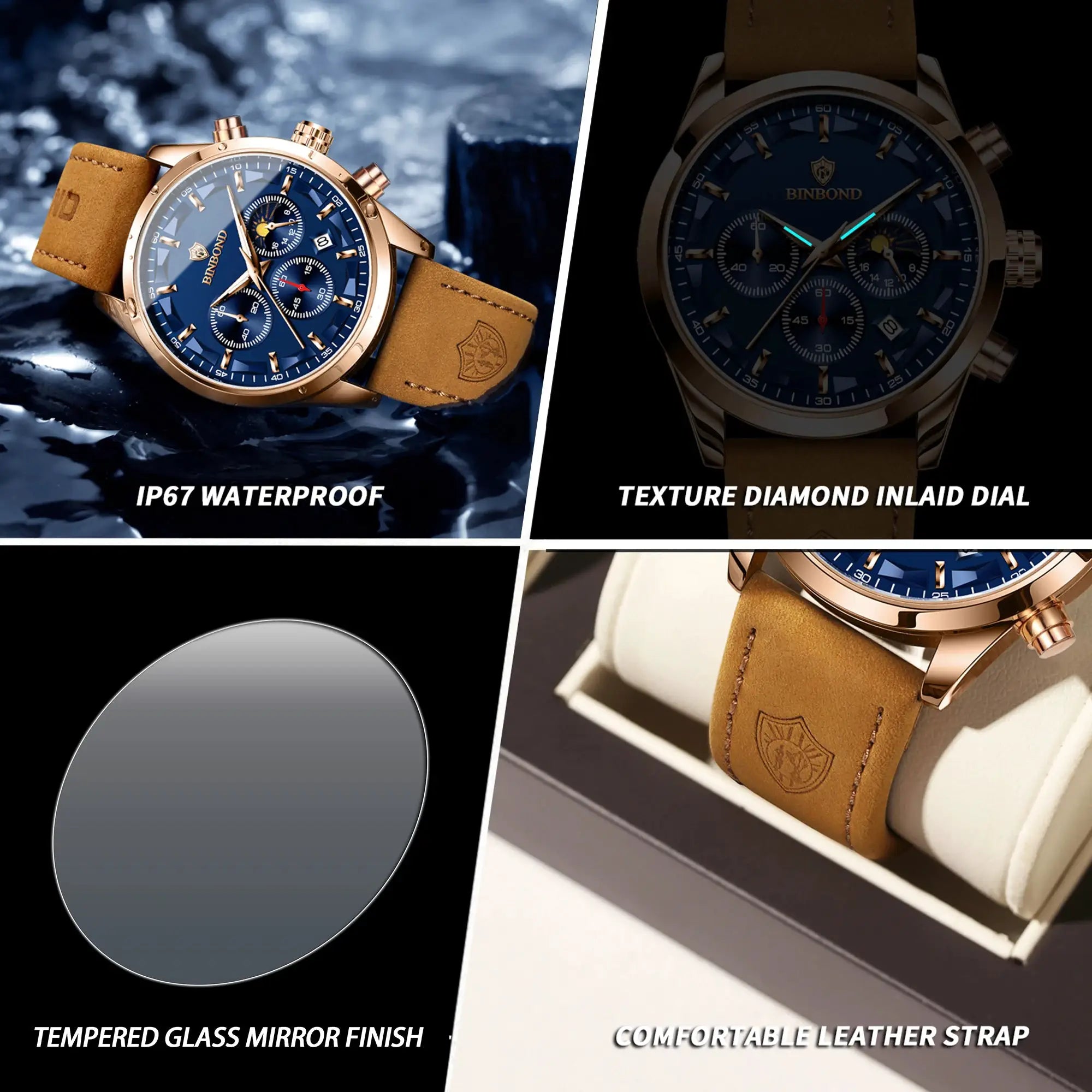 BINBOND men's luxury quartz chronograph watch with blue dial, luminous hands, rose-gold case and tan leather strap