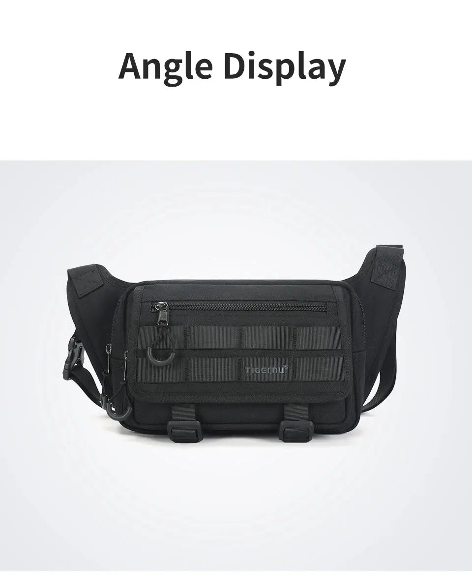 Tigernu men's black chest bag; outdoor messenger sling with front pockets