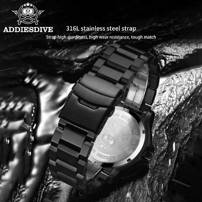 Men's tactical watch by ADDIESDIVE with black 316L stainless steel strap, waterproof