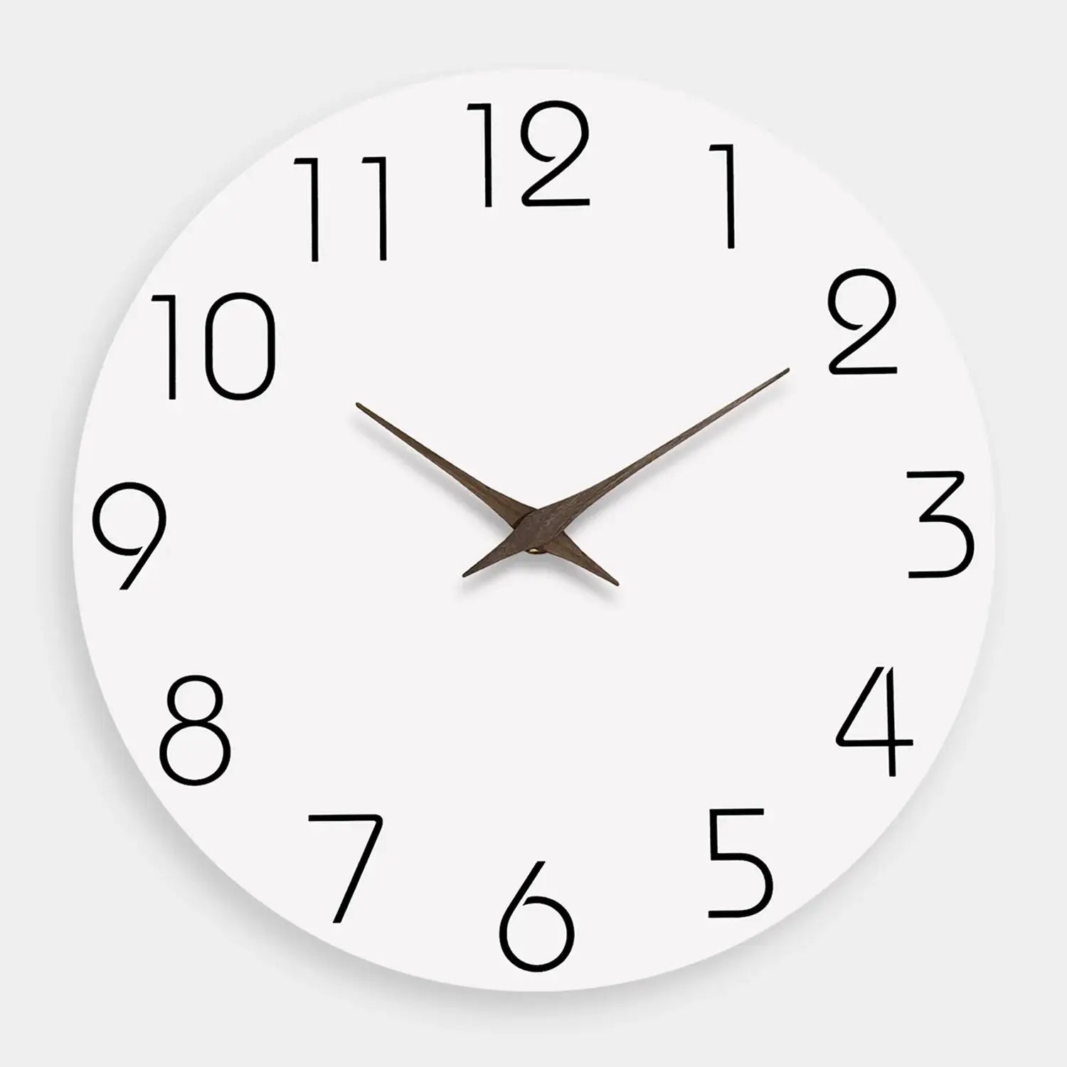 Wall clock, white round face with bold black numerals and brown wood hands, silent quartz, 12-inch size