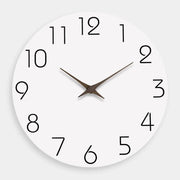 Wall clock, white round face with bold black numerals and brown wood hands, silent quartz, 12-inch size