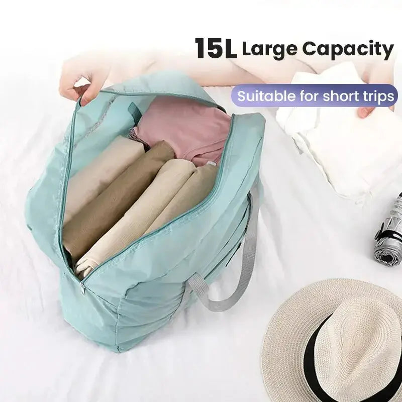 Foldable travel duffel bag by Simples Market, teal 15L capacity, lightweight airline carry-on