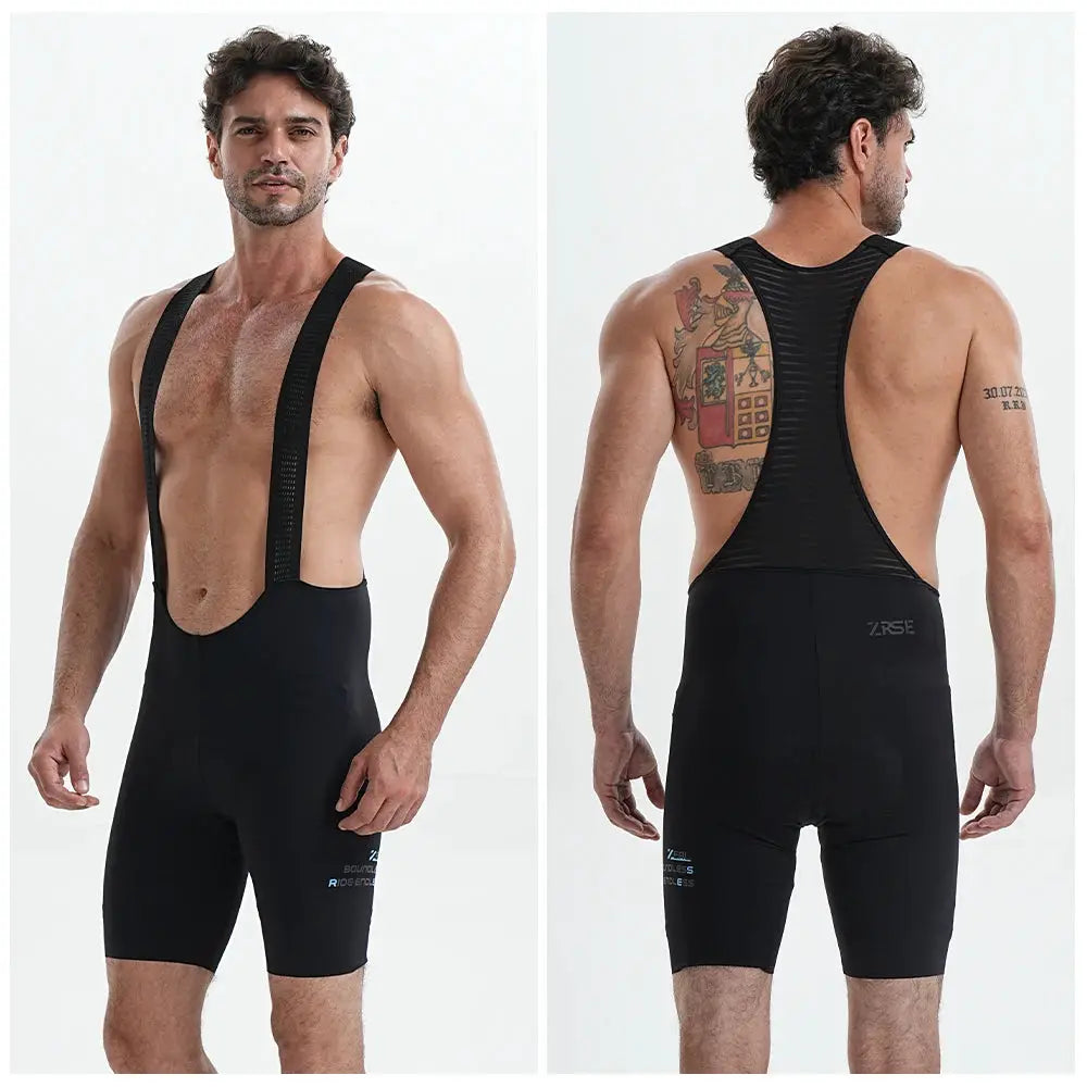 Men's black cycling bib shorts with bib straps, front and back views.