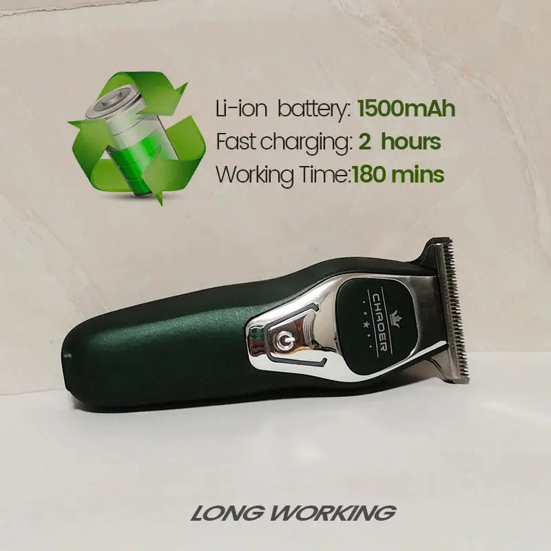 Professional hair clipper by Simples Market in green with chrome blade, cordless barber tool