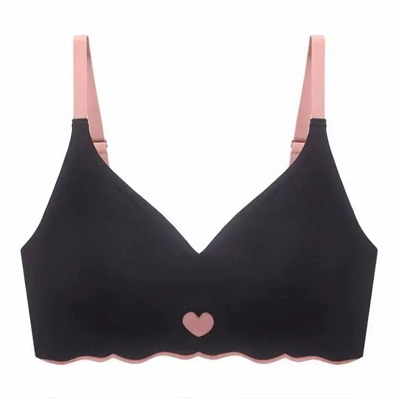 Women seamless bralette with adjustable pink straps, black body, heart charm and scalloped hem