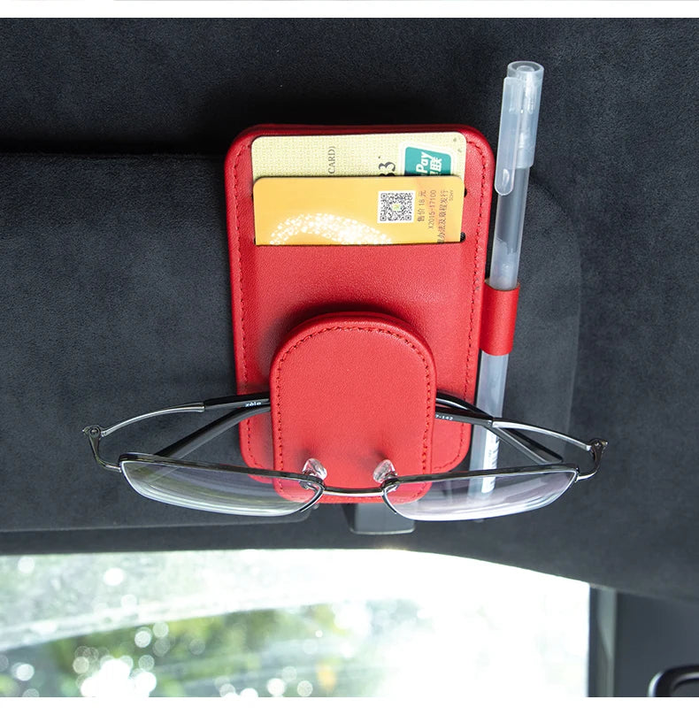 Simples Market red leather car sun visor sunglasses holder with magnetic clip, pen and card holder