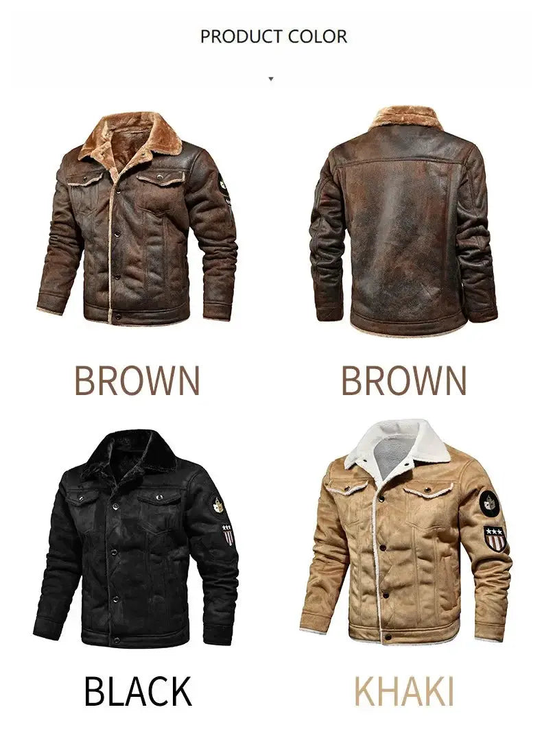 Men's leather and fur jacket by Simples Market; 4 jackets shown in brown, black, and khaki.
