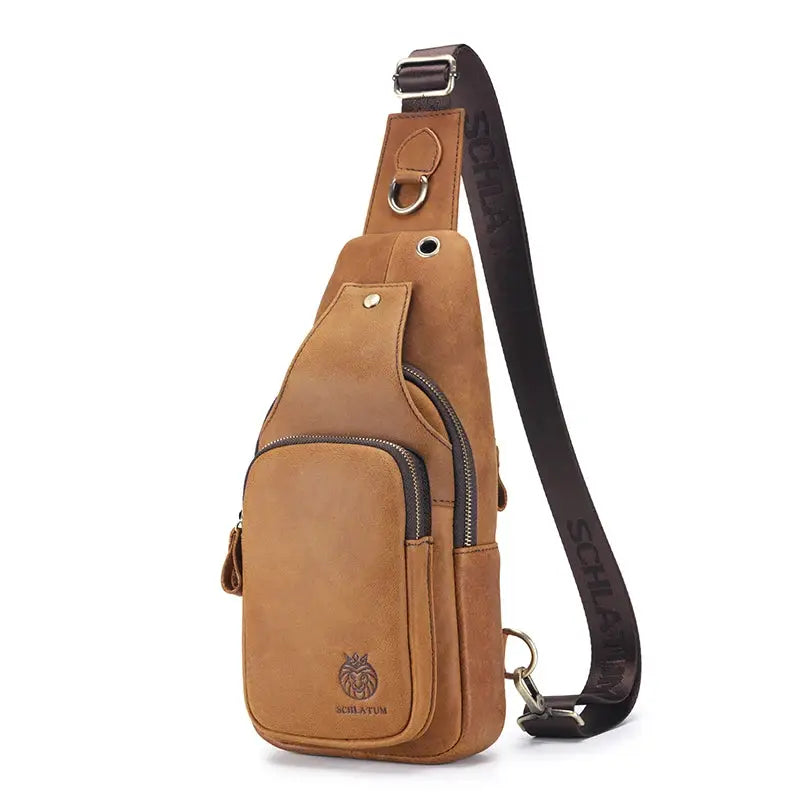 SCHLATUM genuine leather chest bag in tan brown with triangle crossbody design, multiple pockets and adjustable strap