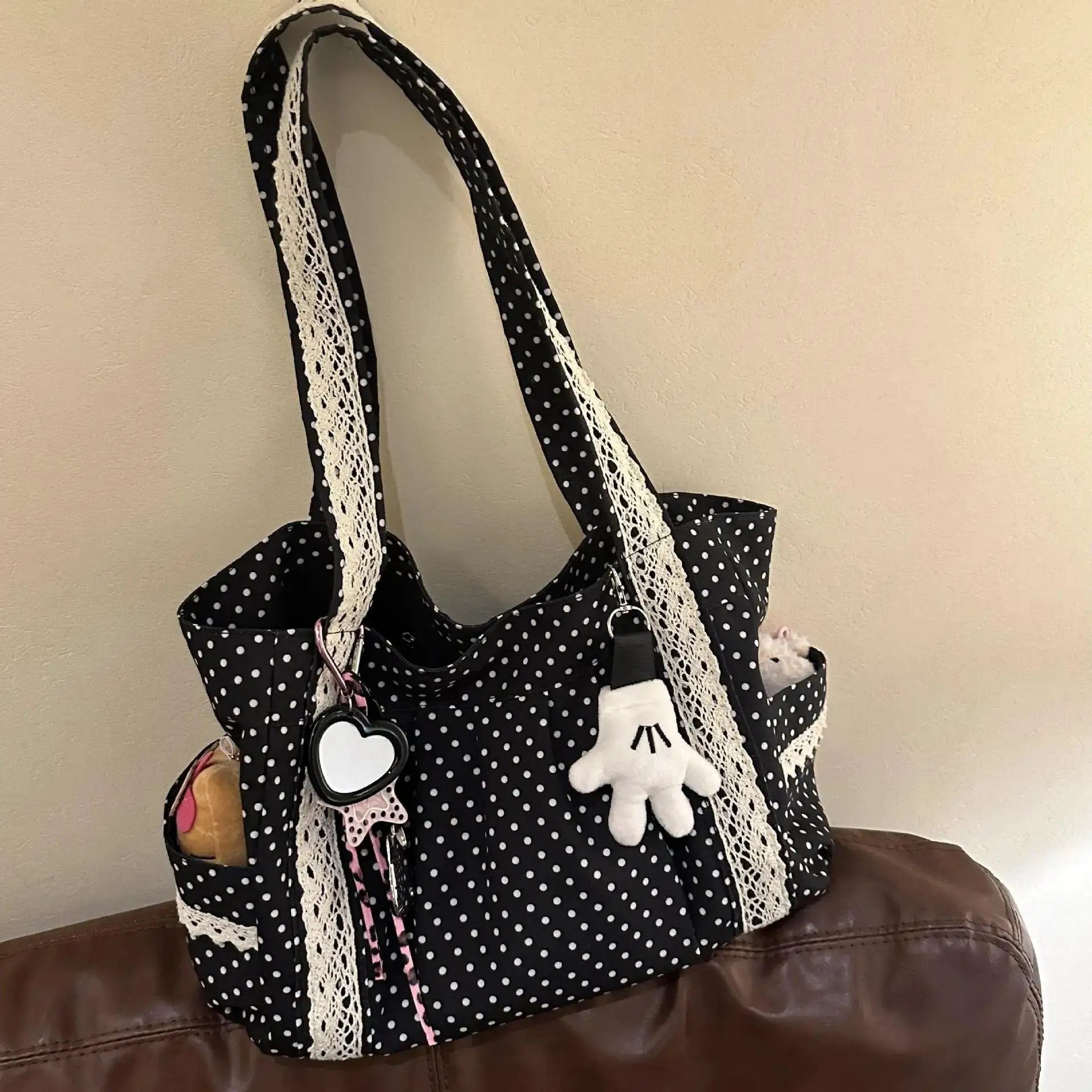 Korean vintage canvas shoulder bag with black polka dots and white lace trim, large multi-pocket tote