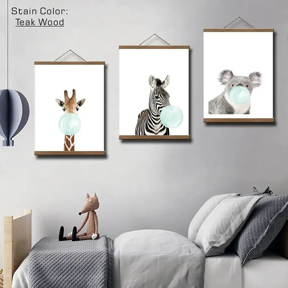 Teak wood magnetic painting frame set, 3 hanging frames with white canvases featuring giraffe, zebra and koala art.