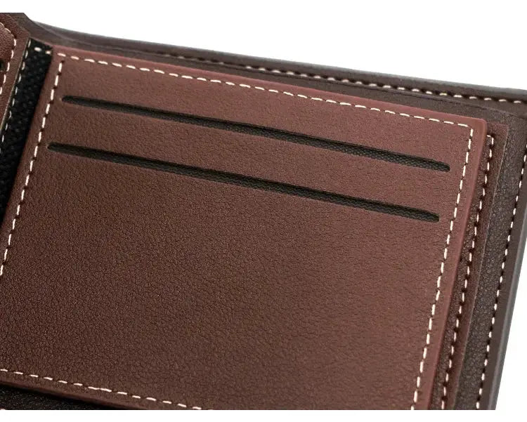 Men's brown PU leather slim wallet with card slots and contrast stitching