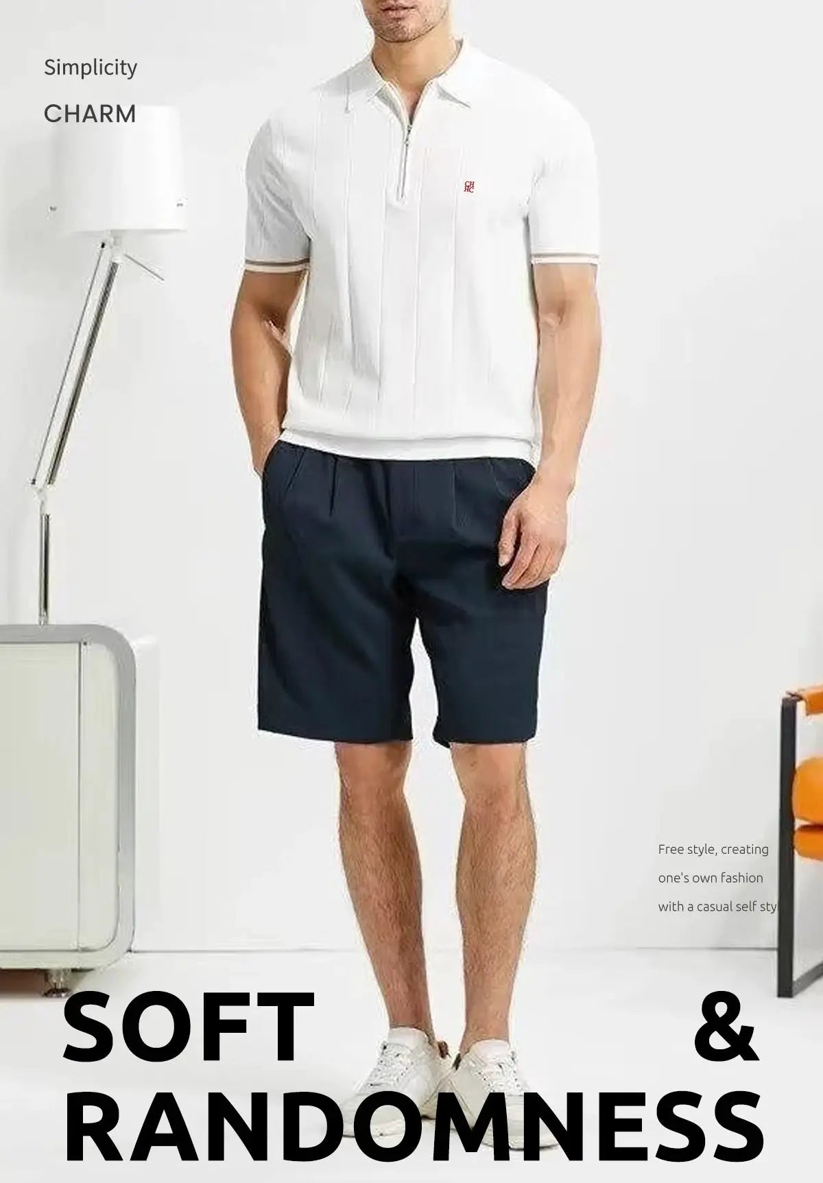 CH Men vertical striped knit polo shirt with half-zip and red CH embroidery; white shirt paired with navy shorts