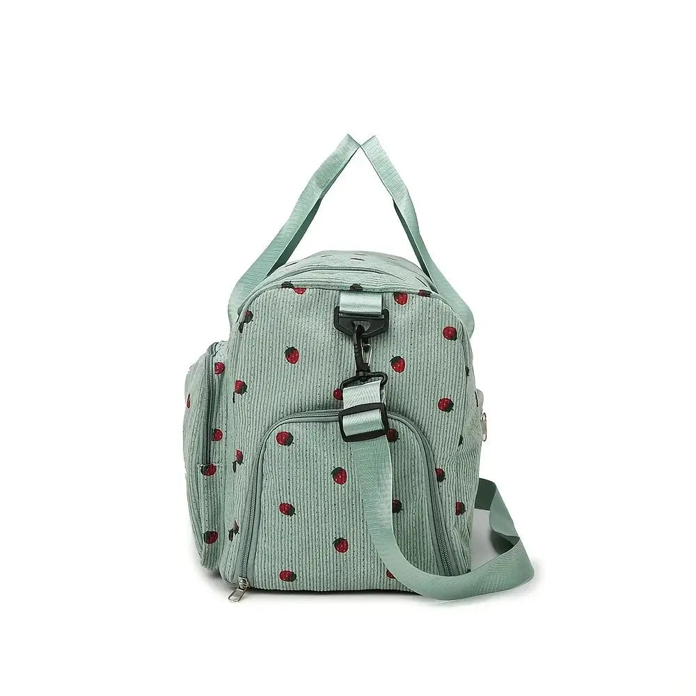 Strawberry travel bag, mint corduroy with cherry print, large-capacity crossbody with adjustable strap and pockets.
