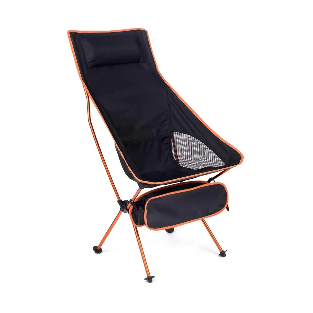 Simples Market orange-frame folding camping chair with navy fabric, headrest, mesh pocket, and detachable storage bag