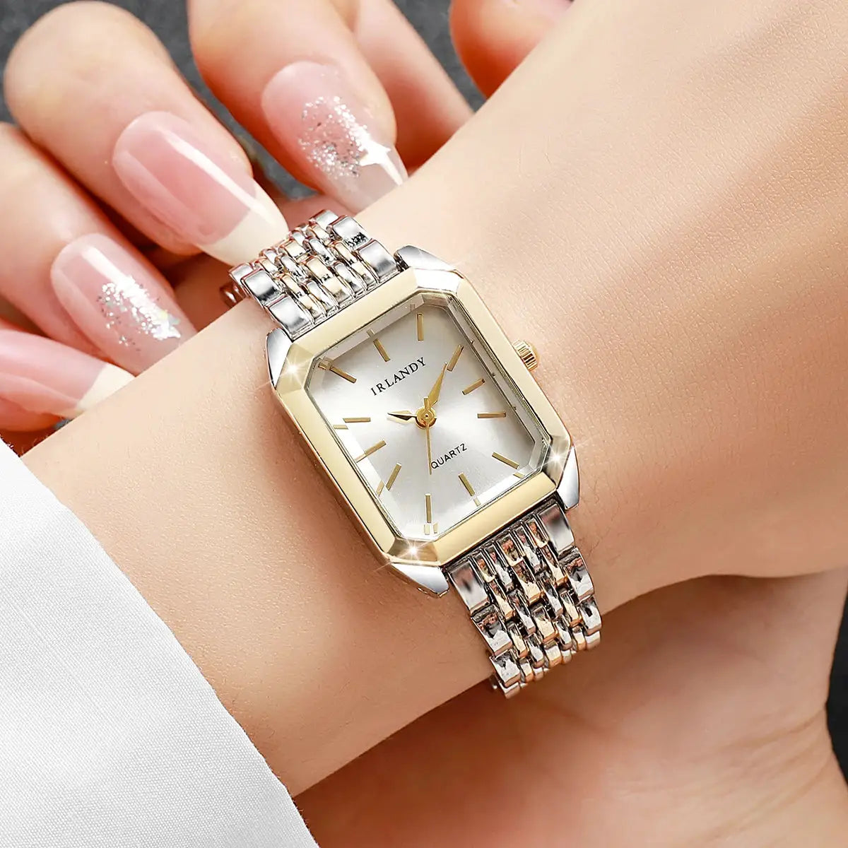 Rectangular women's wristwatch with two-tone gold and silver steel strap, IRLANDY quartz