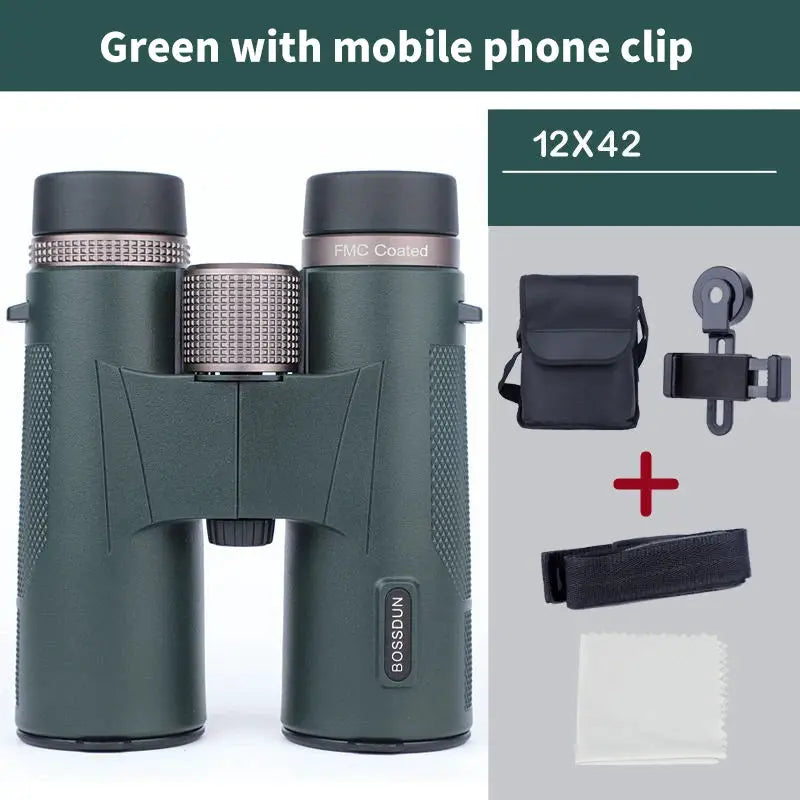 Binoculars 12x42 HD with ED lens, green metal body by BOSSDUN; includes case, strap and cleaning cloth (3 accessories)