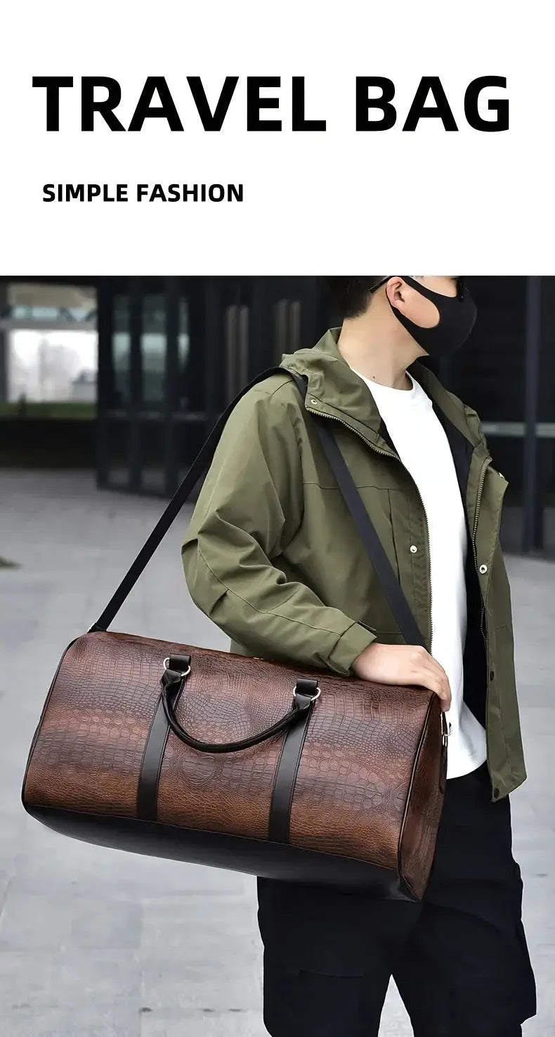 Large-capacity travel duffel bag with brown crocodile texture and black straps, carried by a man in a green jacket.