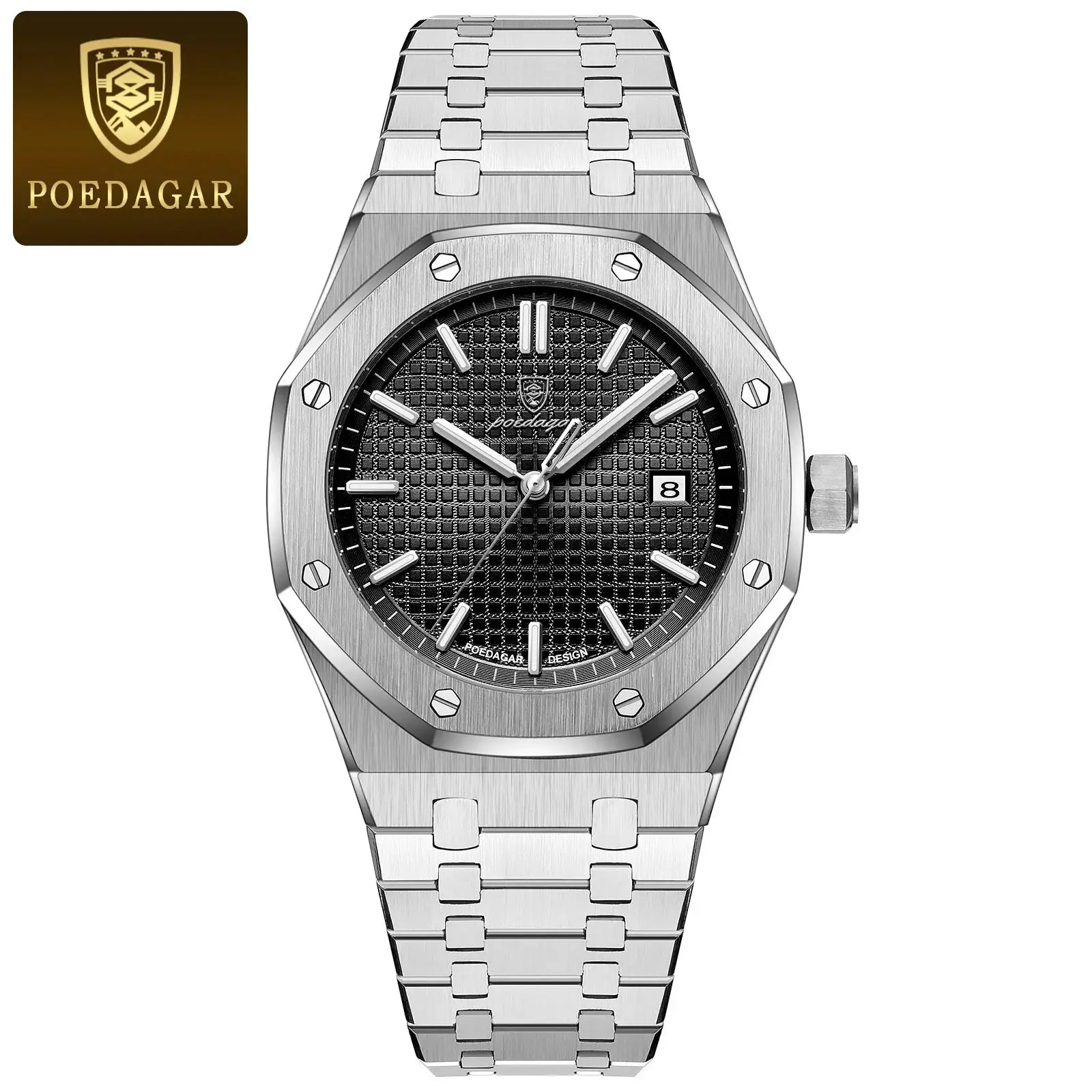 POEDAGAR Luxury Business Wristwatch For Men Stainless Steel Waterproof With Luminous Date Display Quartz Movement
