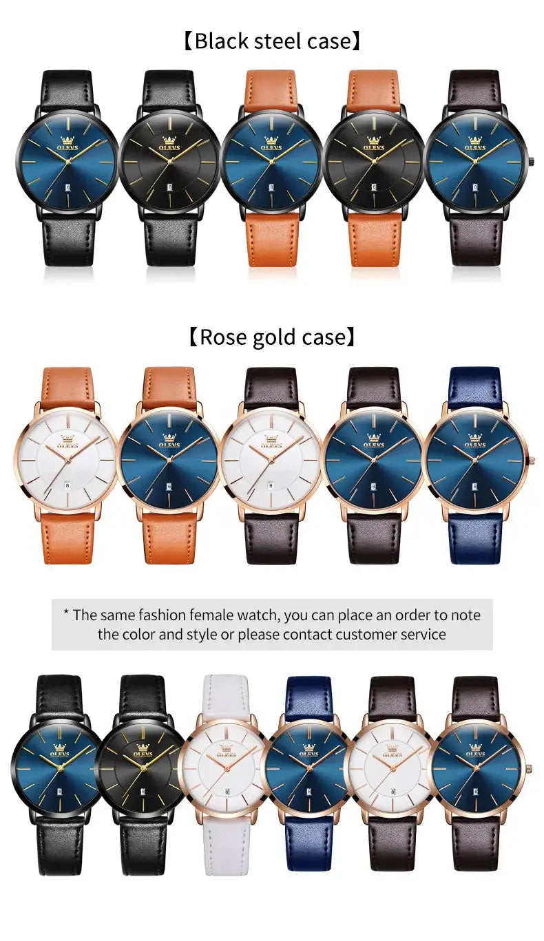 OLEVS men's ultra-thin quartz watches with leather straps in blue dial variants across black steel and rose-gold cases (16 styles)