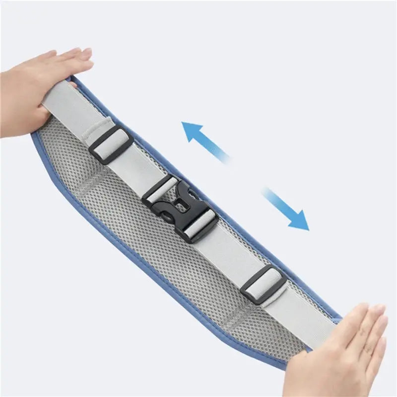 Simples Market outdoor waterproof invisible waist pack, gray strap with blue edging and adjustable buckle.