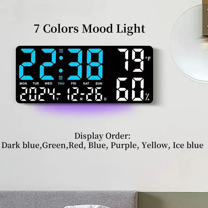 Simples Market black digital wall clock with 7-color mood light, large blue digits and date, temp, humidity display.