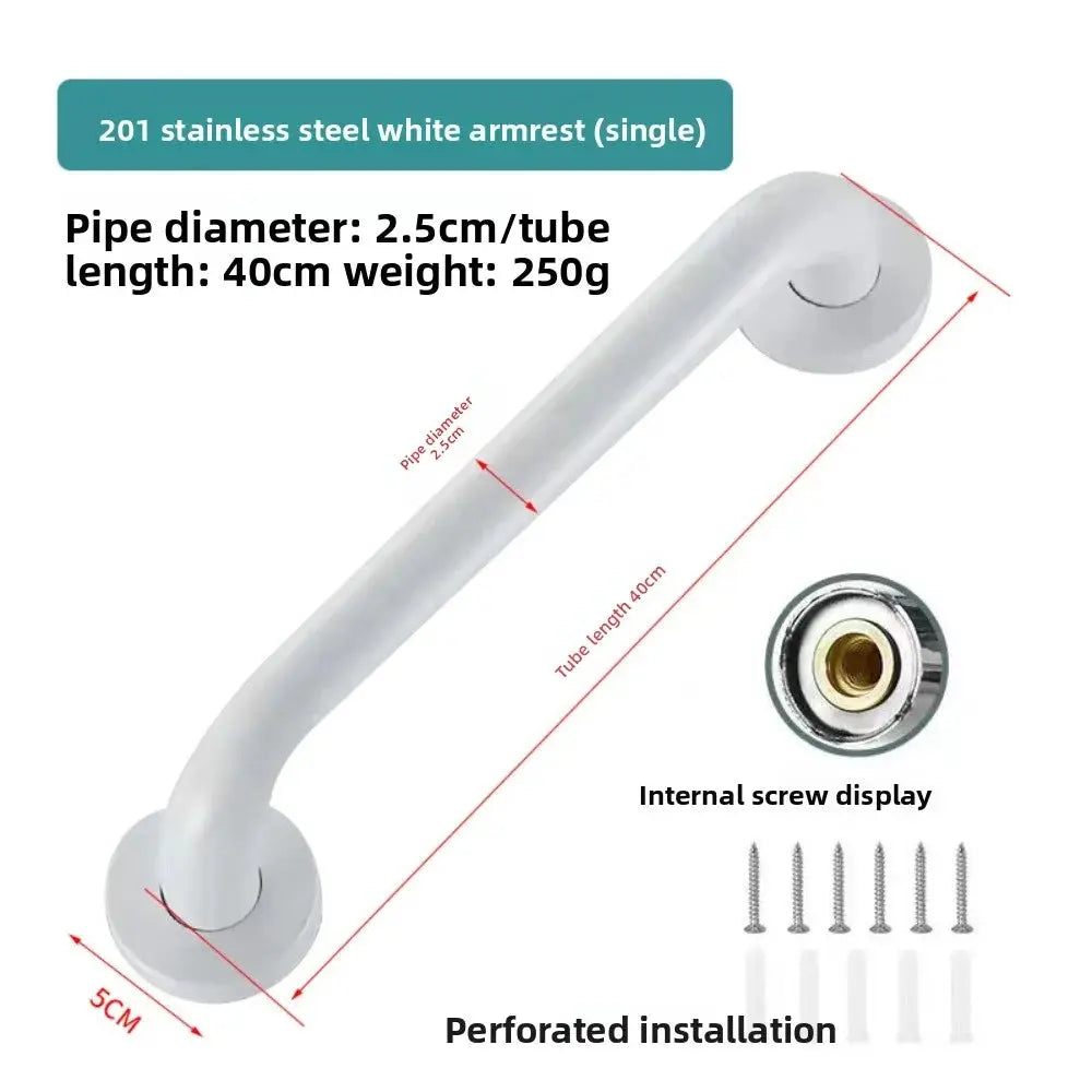 White stainless steel shower safety grab bar 40 cm with anti-slip grip and mounting screws for wall installation